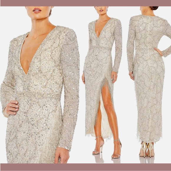 NWT $798 Mac Duggal‎ [ 6 ] Embellished Long Sleeve V Neck Beaded Hem Gown Q637 - Picture 1 of 16